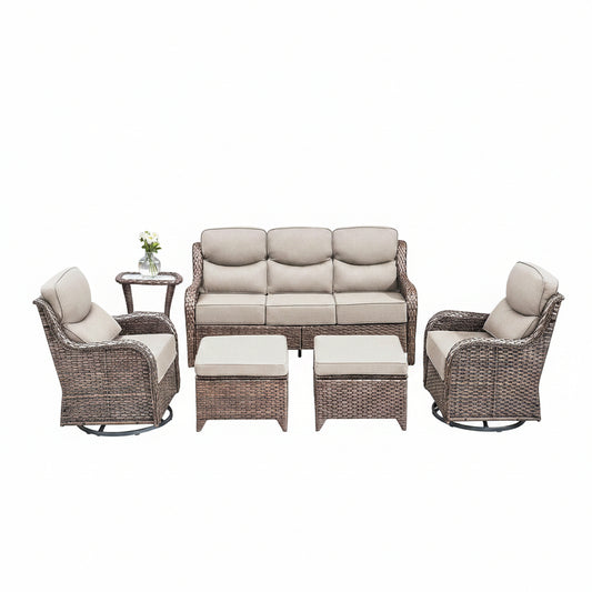 6 Pieces Outdoor Patio Furniture Set with Swivel Rocker Chairs and 6" Thick Cushions,Wicker Conversation Set with Sectional Sofa Coffee Table for Porch Deck Backyard Poolside