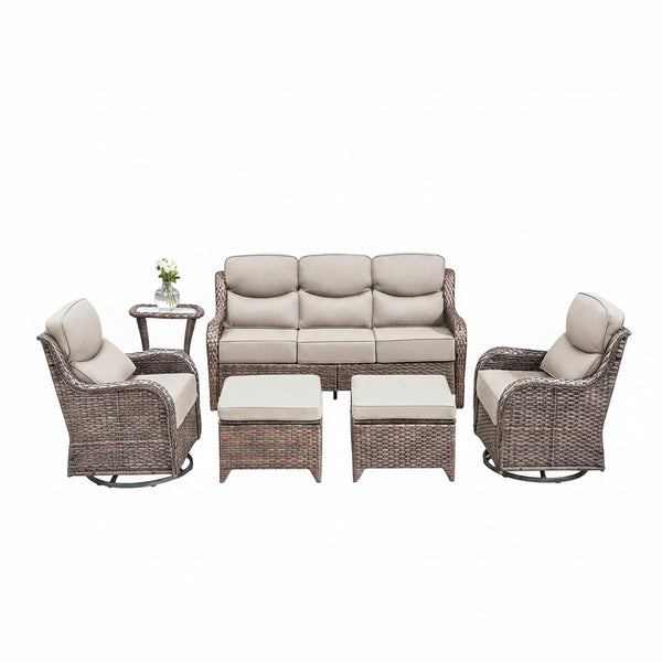6 Pieces Outdoor Patio Furniture Set with Swivel Rocker Chairs and 6" Thick Cushions,Wicker Conversation Set with Sectional Sofa Coffee Table for Porch Deck Backyard Poolside