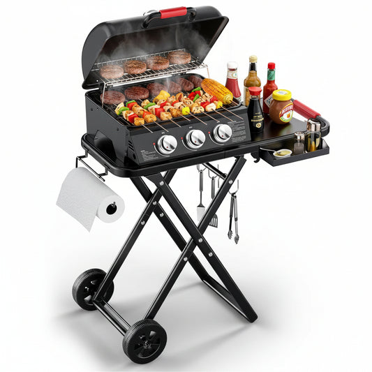 3-Burner Portable Grill with Foldable Legs, 30,000BTU Gas Grill , 415 SQ.IN Detachable Propane Grills, Non-Stick Porcelain Grate, Outdoor Bbq Grill for Camping, Tailgating, Backyard Cooking