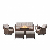 Luxurious 7 Piece Patio Furniture Set with Fire Pit Table, High Back Wicker Swivel Rocker Glider Outdoor Chairs with 6" Cushion, All-Weather Patio Conversation Set for Yard Garden - Brown/Beige