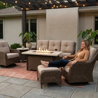 Luxurious 7 Piece Patio Furniture Set with Fire Pit Table, High Back Wicker Swivel Rocker Glider Outdoor Chairs with 6" Cushion, All-Weather Patio Conversation Set for Yard Garden - Brown/Beige — Lifestyle
