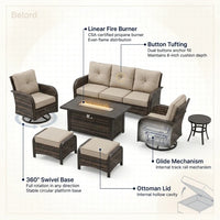 Luxurious 7 Piece Patio Furniture Set with Fire Pit Table, High Back Wicker Swivel Rocker Glider Outdoor Chairs with 6" Cushion, All-Weather Patio Conversation Set for Yard Garden - Brown/Beige — How It Works