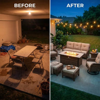 Luxurious 7 Piece Patio Furniture Set with Fire Pit Table, High Back Wicker Swivel Rocker Glider Outdoor Chairs with 6" Cushion, All-Weather Patio Conversation Set for Yard Garden - Brown/Beige — Before & After