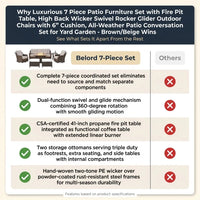 Luxurious 7 Piece Patio Furniture Set with Fire Pit Table, High Back Wicker Swivel Rocker Glider Outdoor Chairs with 6" Cushion, All-Weather Patio Conversation Set for Yard Garden - Brown/Beige — Comparison