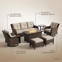 Patio Furniture Set Built to Weather Outdoors, 7 Pieces, Propane Fire Pit, Swivel Rockers, All Weather — infographic