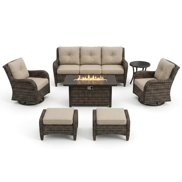 Patio Furniture Set Built to Weather Outdoors, 7 Pieces, Propane Fire Pit, Swivel Rockers, All Weather — Studio Shot