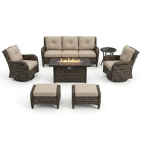 Patio Furniture Set Built to Weather Outdoors, 7 Pieces, Propane Fire Pit, Swivel Rockers, All Weather — Studio Shot