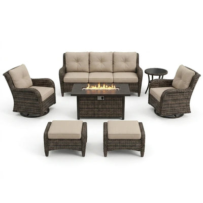 Patio Furniture Set Built to Weather Outdoors, 7 Pieces, Propane Fire Pit, Swivel Rockers, All Weather