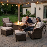Patio Furniture Set Built to Weather Outdoors, 7 Pieces, Propane Fire Pit, Swivel Rockers, All Weather — Lifestyle