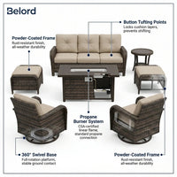 Patio Furniture Set Built to Weather Outdoors, 7 Pieces, Propane Fire Pit, Swivel Rockers, All Weather — How It Works