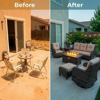 Patio Furniture Set Built to Weather Outdoors, 7 Pieces, Propane Fire Pit, Swivel Rockers, All Weather — Before & After